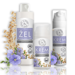 ZESTAW PREZENTOWY OWSIANY z LNEM: krem do twarzy i ciała, delikatny żel do mycia, serum do dłoni i stóp