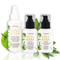 ZESTAW PREZENTOWY do pielęgnacji intymnej APPLE & TEA: nawilżający żel, kojący olejek, mgiełka odświeżjąca do ciała i włosów