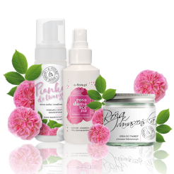 ZESTAW PREZENTOWY RÓŻANY krem z różą damasceńską, hydrolat różany, pianka do mycia twarzy, zapakowany na PREZENT!